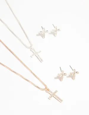 Mixed Metals Diamante Cross Necklace & Stud Earrings Set