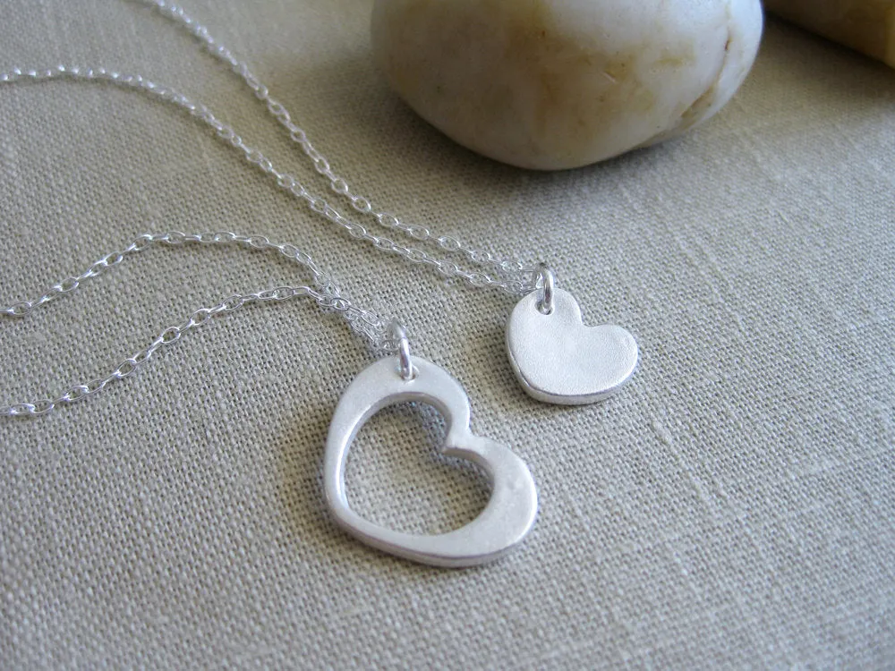 Mother Daughter Recycled Silver Heart Necklace Set