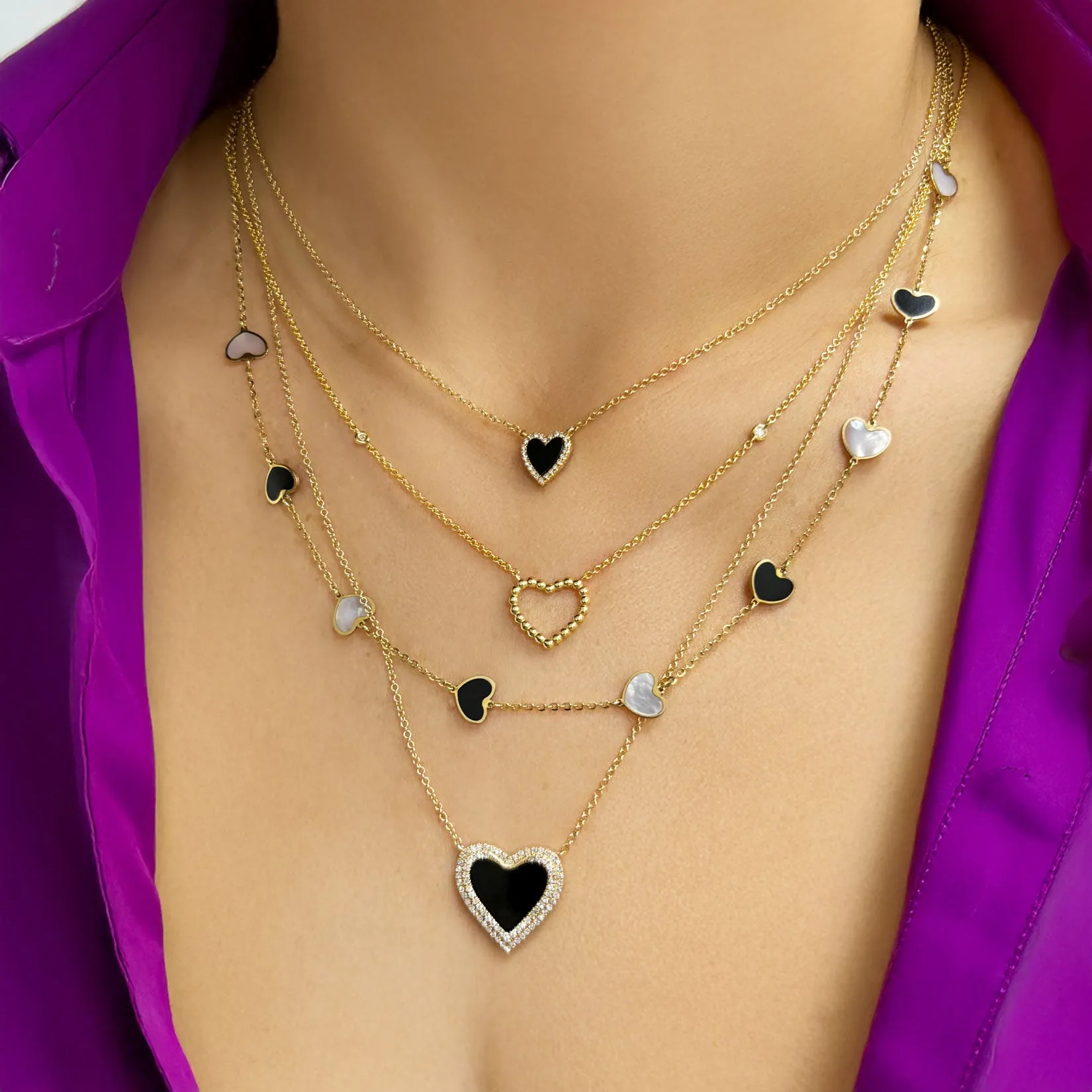 Mother of Pearl and Onyx Mixed Heart Station Necklace