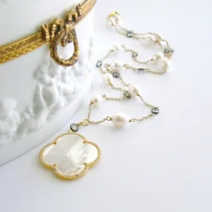 Mother of Pearl Quatrefoil Baroque Pearls White Topaz Mixed Metals Layering Necklace - Mollie V Necklace