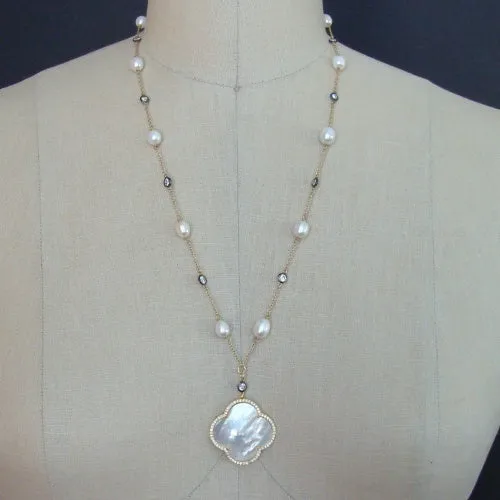 Mother of Pearl Quatrefoil Baroque Pearls White Topaz Mixed Metals Layering Necklace - Mollie V Necklace