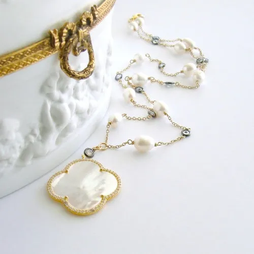 Mother of Pearl Quatrefoil Baroque Pearls White Topaz Mixed Metals Layering Necklace - Mollie V Necklace