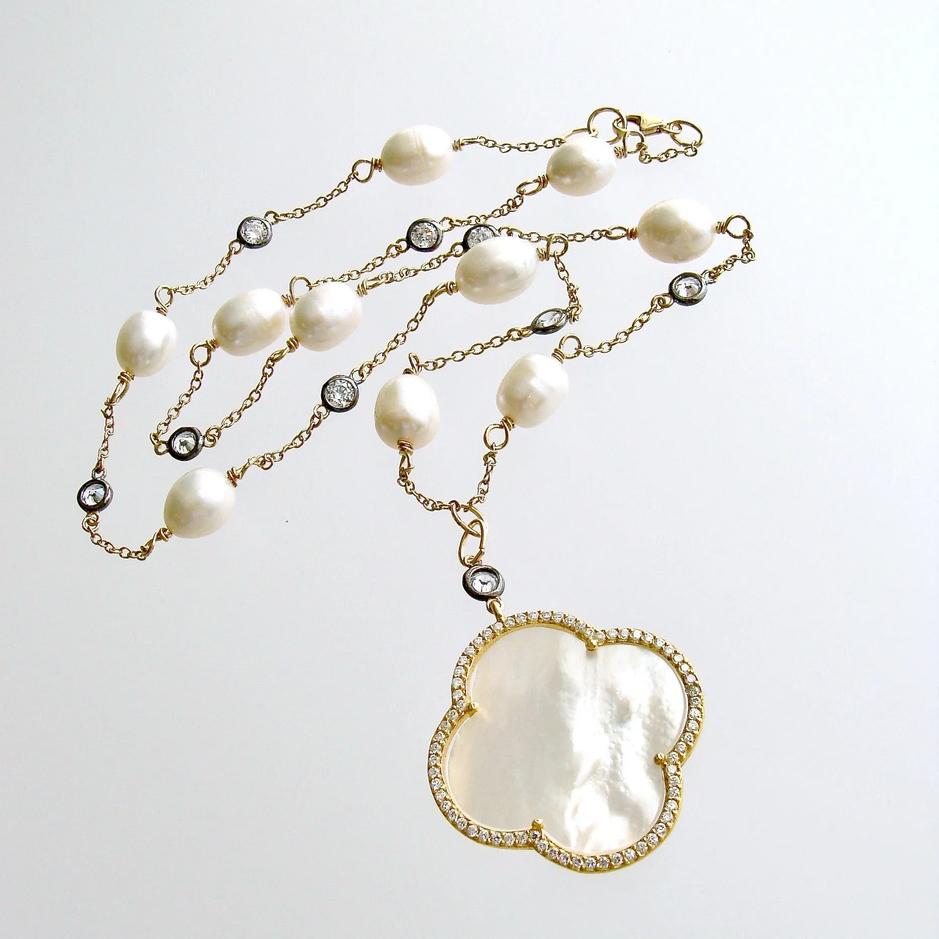 Mother of Pearl Quatrefoil Baroque Pearls White Topaz Mixed Metals Layering Necklace - Mollie V Necklace
