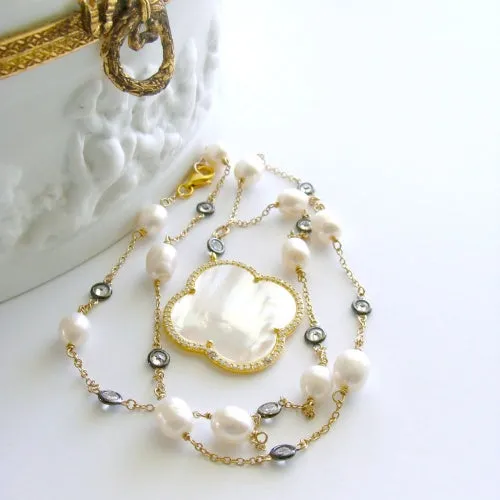 Mother of Pearl Quatrefoil Baroque Pearls White Topaz Mixed Metals Layering Necklace - Mollie V Necklace