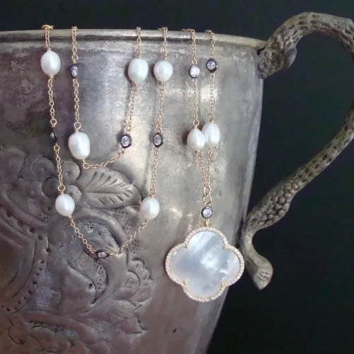 Mother of Pearl Quatrefoil Baroque Pearls White Topaz Mixed Metals Layering Necklace - Mollie V Necklace