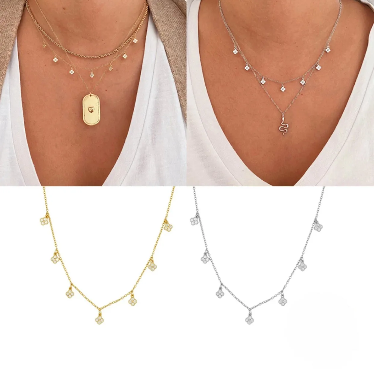 Multi Clovers CZ Drop Necklace - Silver Or Gold
