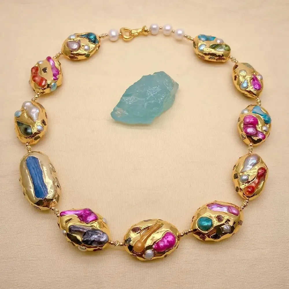 Multi Color Shell Pearl Blue Kyanite Choker Necklace