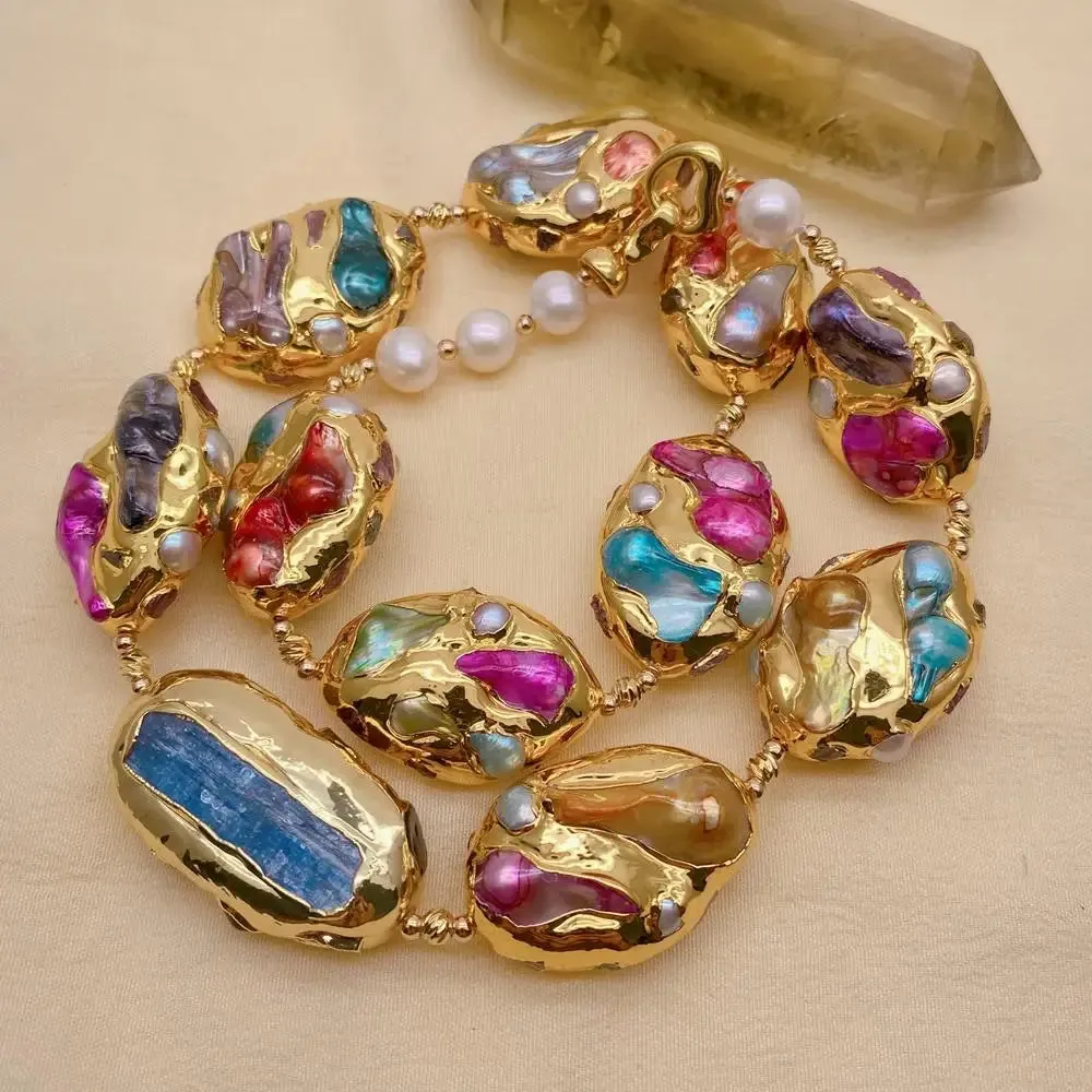 Multi Color Shell Pearl Blue Kyanite Choker Necklace