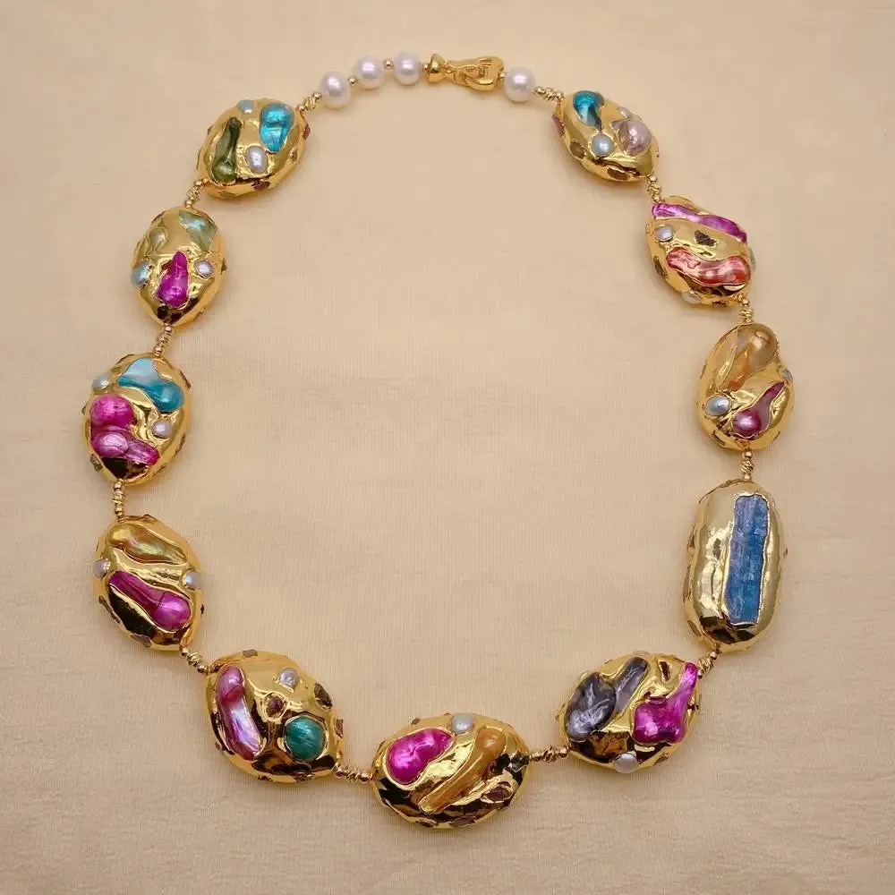 Multi Color Shell Pearl Blue Kyanite Choker Necklace