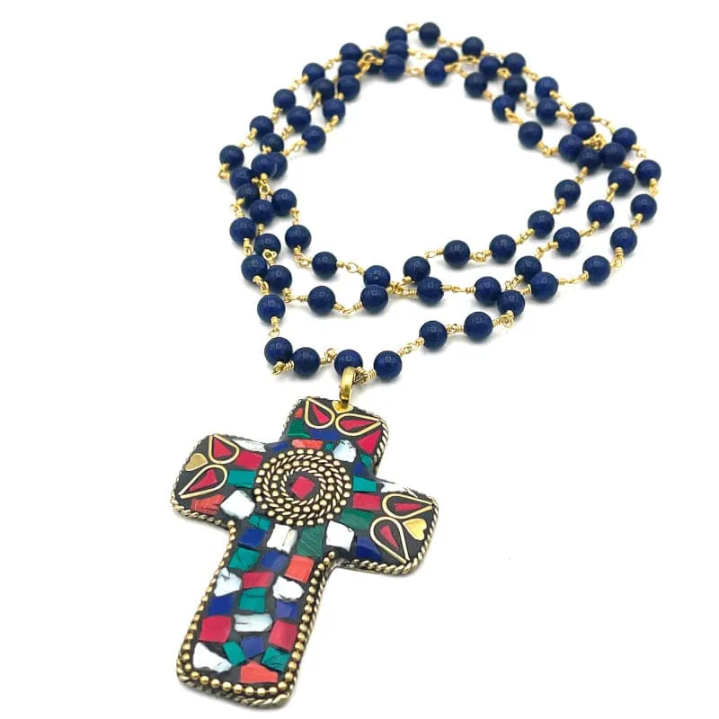 Multicolor Mosaic Cross Necklace
