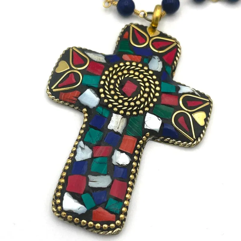 Multicolor Mosaic Cross Necklace