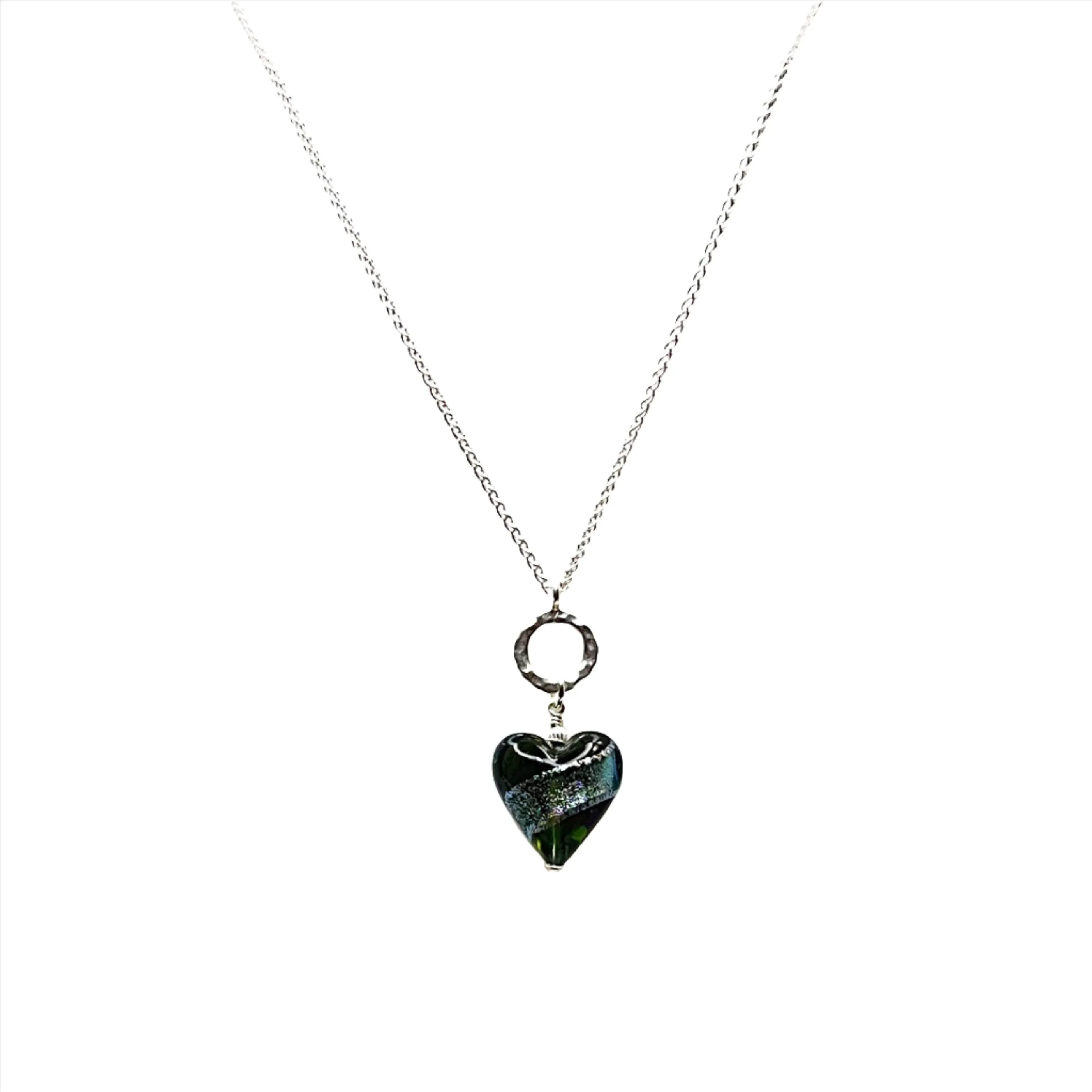 Murano Glass Gray Dichroic Heart Pendant Necklace by JKC Murano