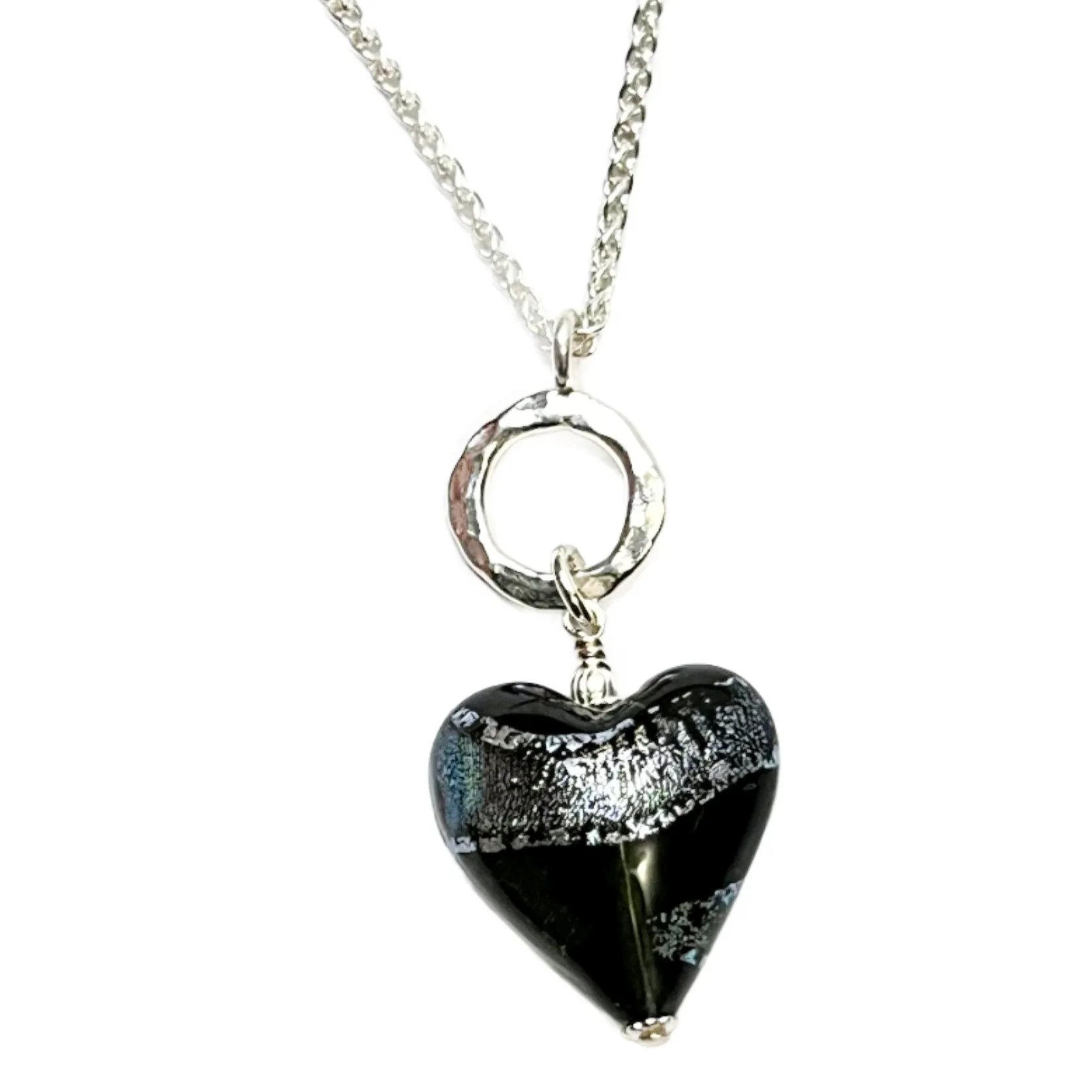 Murano Glass Gray Dichroic Heart Pendant Necklace by JKC Murano