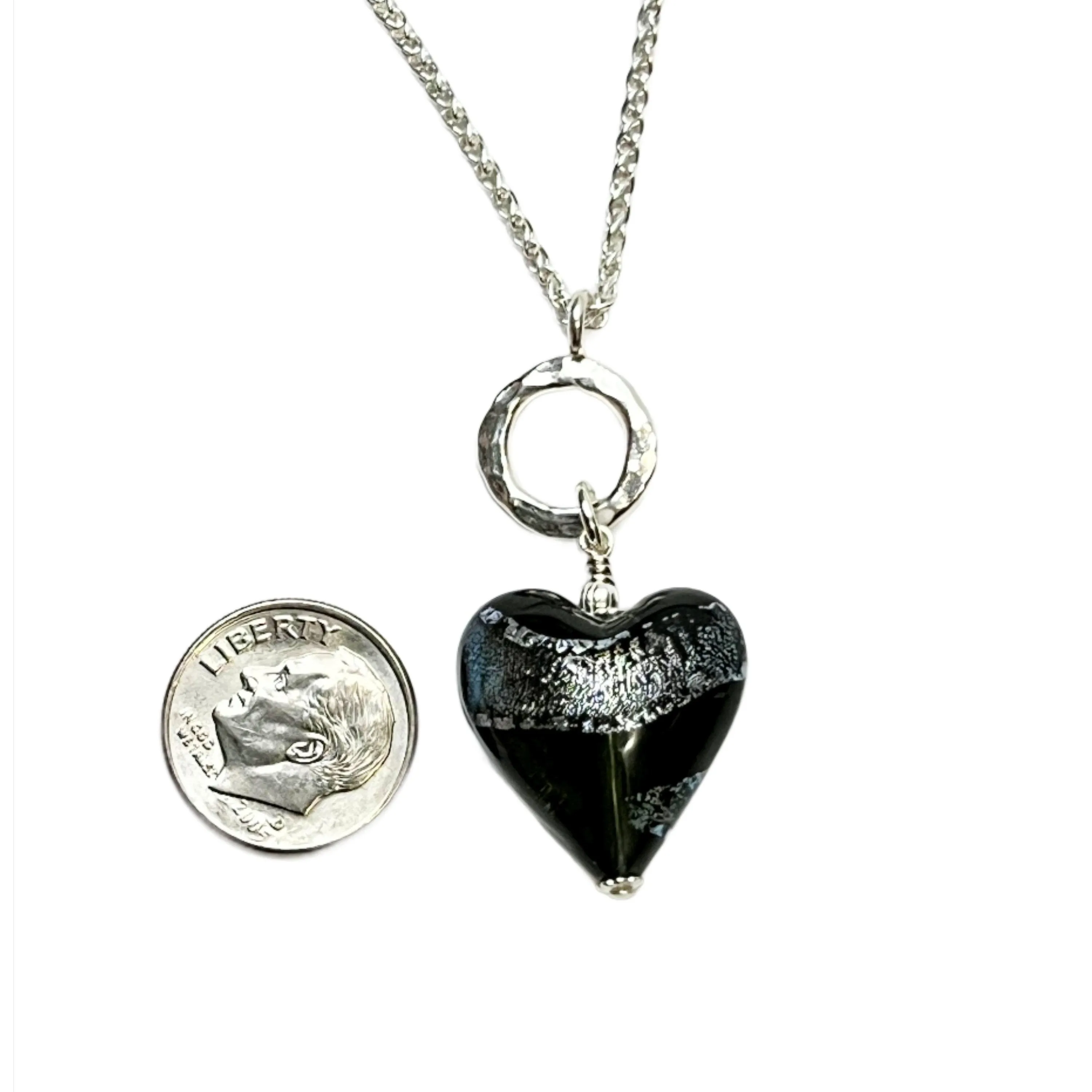 Murano Glass Gray Dichroic Heart Pendant Necklace by JKC Murano