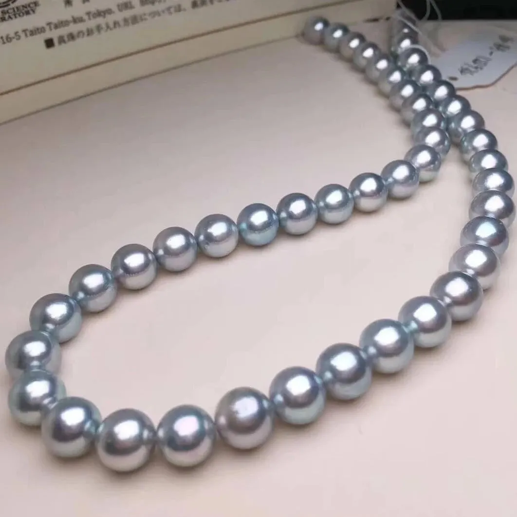 Natural-Color | 8.5-9.0 mm Japanese Silver-Blue Akoya Pearl Necklace - PSL Certificate