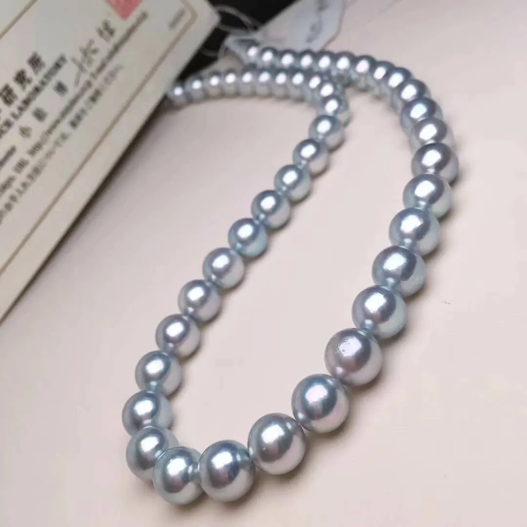 Natural-Color | 8.5-9.0 mm Japanese Silver-Blue Akoya Pearl Necklace - PSL Certificate