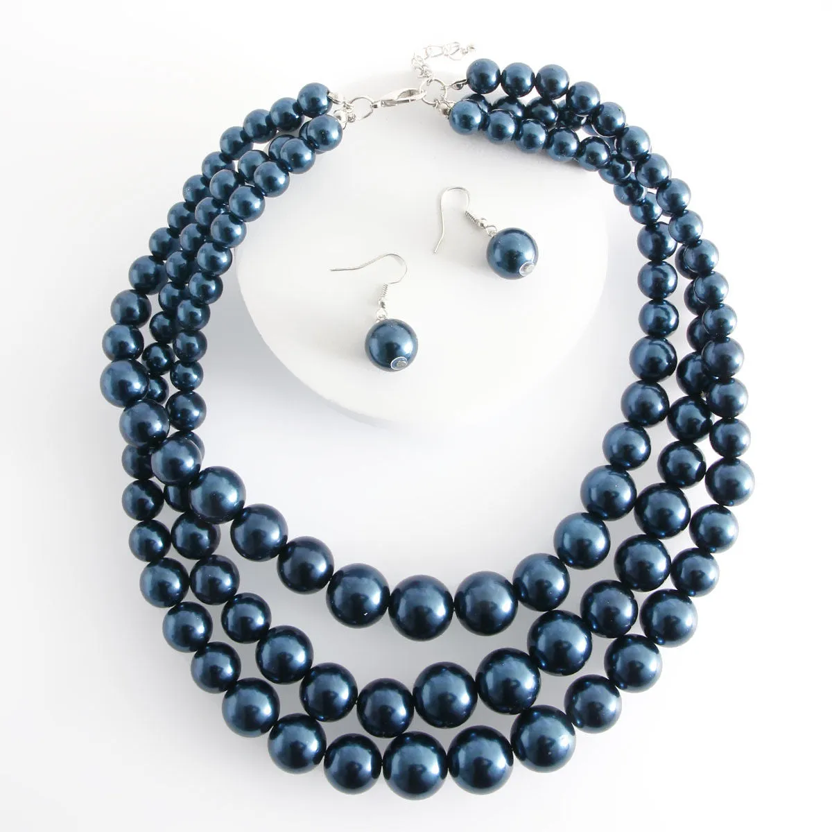 Navy Pearl Triple Strand Necklace Set