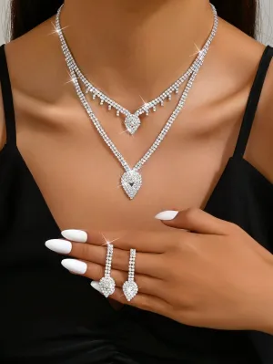New Sparkling Rhinestone Bridal Necklace And Earring 2pcs Jewelry Set, Wedding Dress Accessories (No Box)