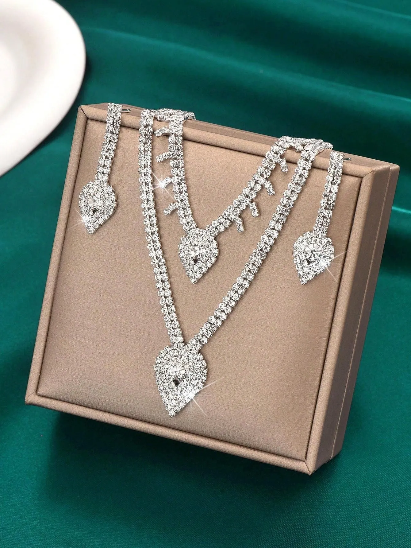 New Sparkling Rhinestone Bridal Necklace And Earring 2pcs Jewelry Set, Wedding Dress Accessories (No Box)