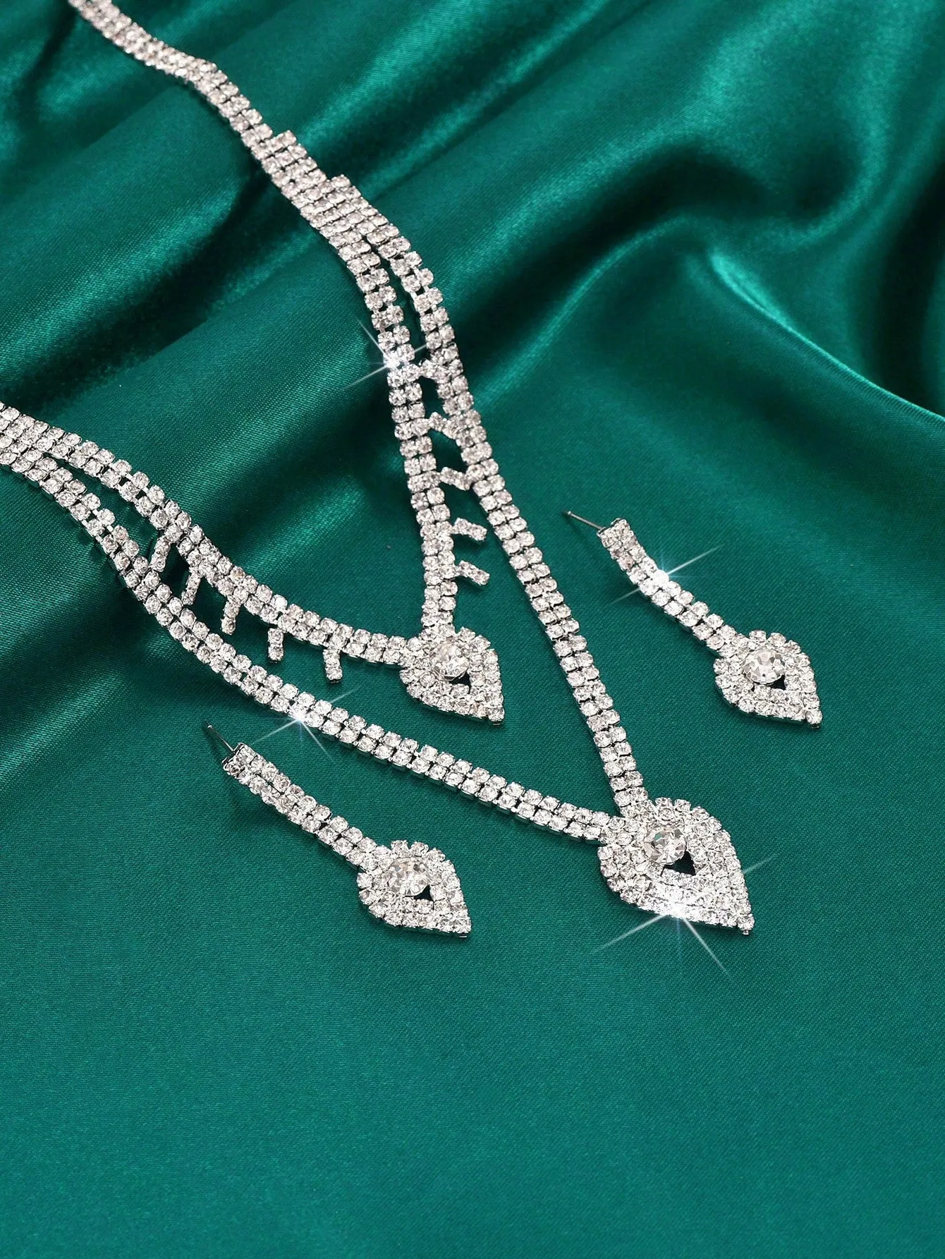 New Sparkling Rhinestone Bridal Necklace And Earring 2pcs Jewelry Set, Wedding Dress Accessories (No Box)
