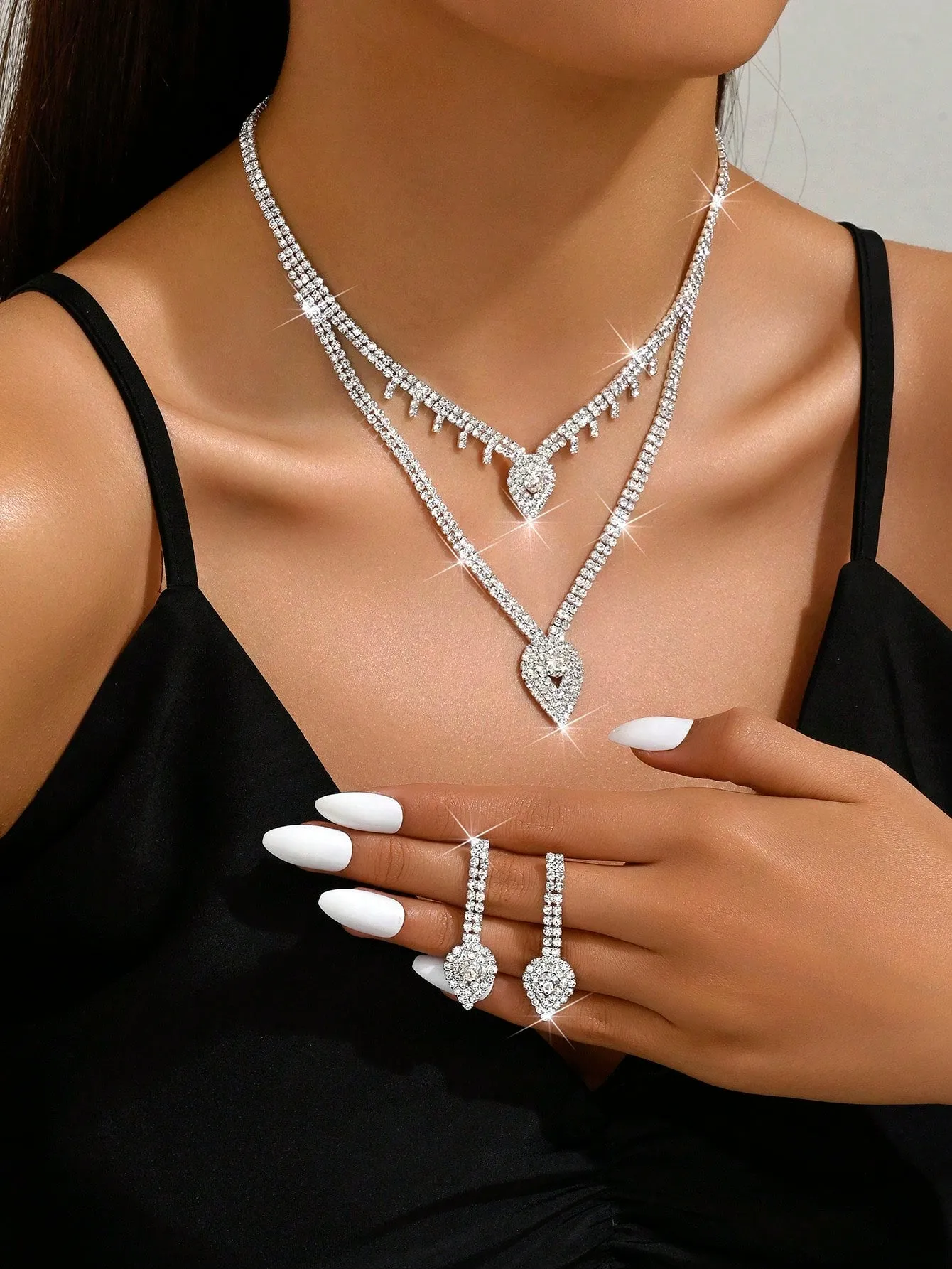 New Sparkling Rhinestone Bridal Necklace And Earring 2pcs Jewelry Set, Wedding Dress Accessories (No Box)