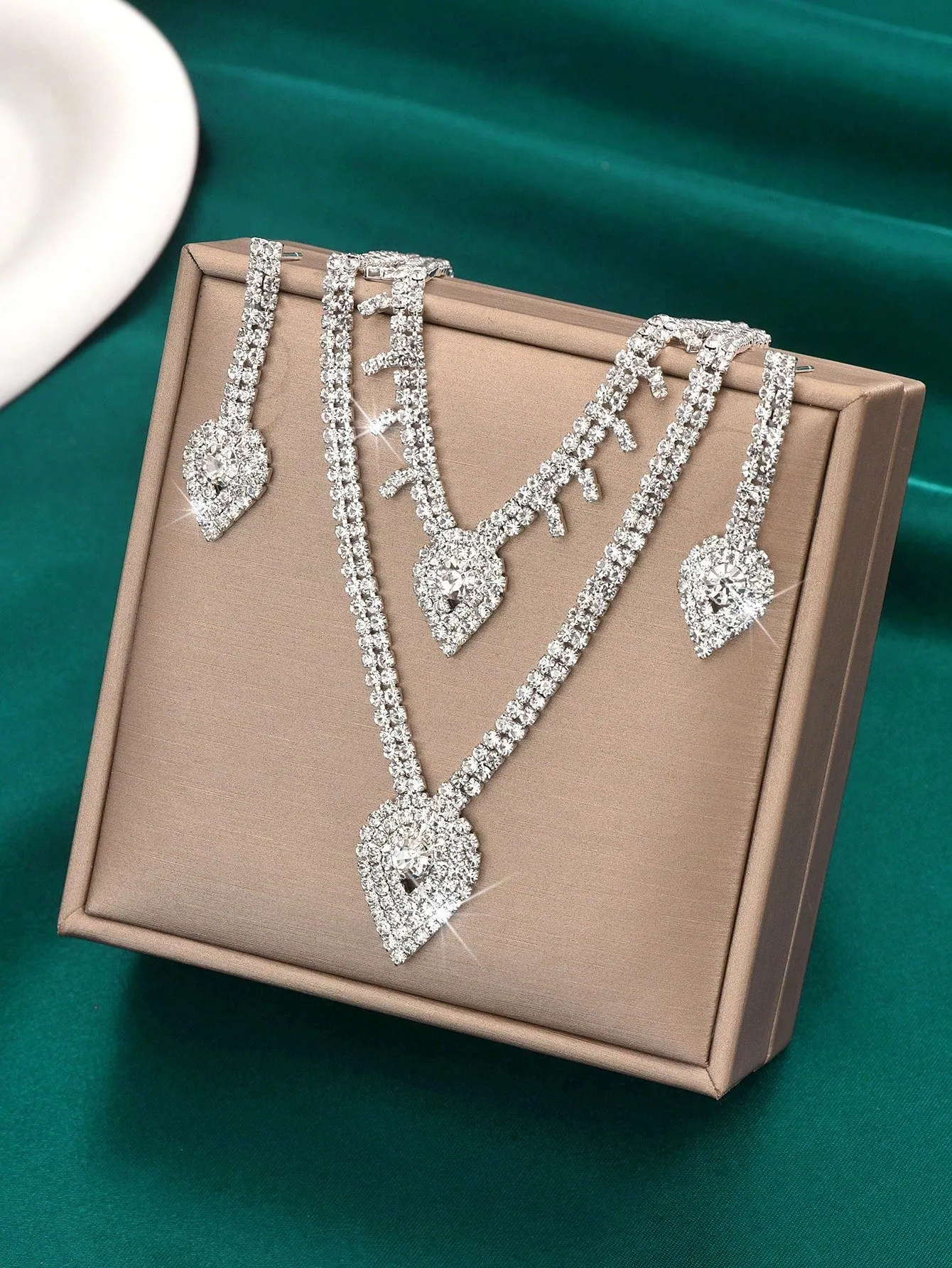 New Sparkling Rhinestone Bridal Necklace And Earring 2pcs Jewelry Set, Wedding Dress Accessories (No Box)