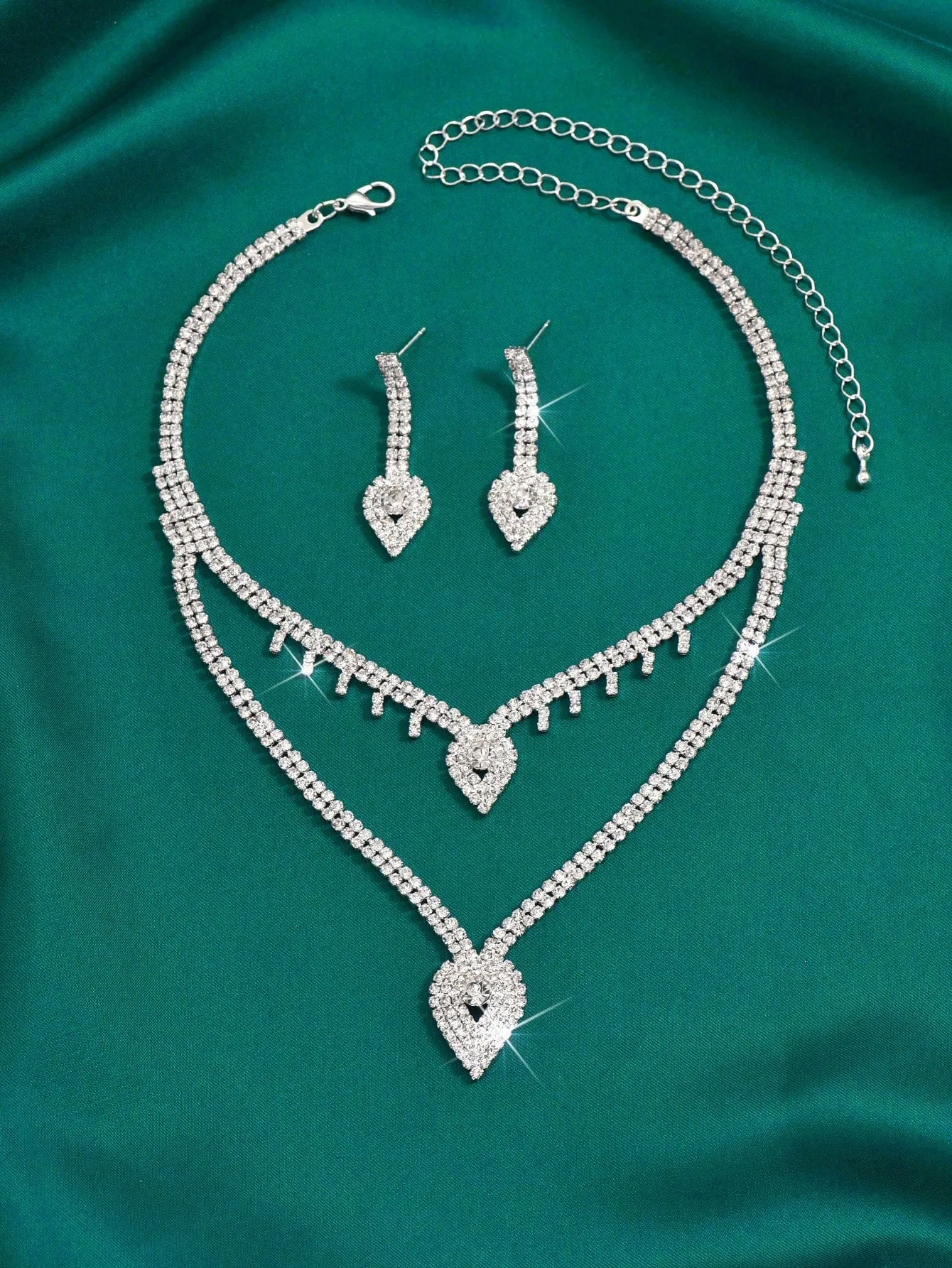 New Sparkling Rhinestone Bridal Necklace And Earring 2pcs Jewelry Set, Wedding Dress Accessories (No Box)