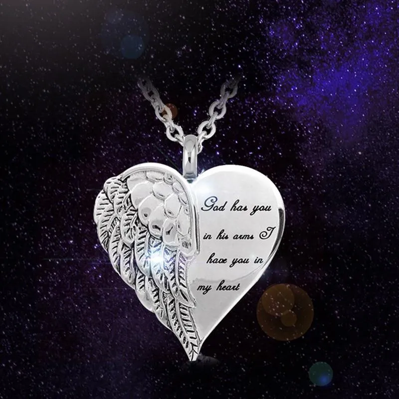 New Urn Of Memories X Mystical Passion Collection! Angel Wing Heart - Inscribed " God Has you In His Arms & I Have You in My Heart" - Cremation Ashes Pendant