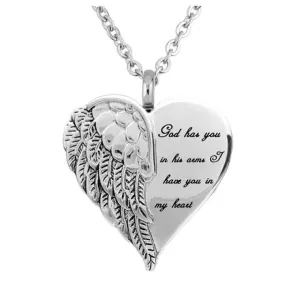 New Urn Of Memories X Mystical Passion Collection! Angel Wing Heart - Inscribed " God Has you In His Arms & I Have You in My Heart" - Cremation Ashes Pendant