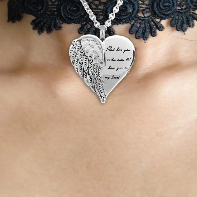 New Urn Of Memories X Mystical Passion Collection! Angel Wing Heart - Inscribed " God Has you In His Arms & I Have You in My Heart" - Cremation Ashes Pendant