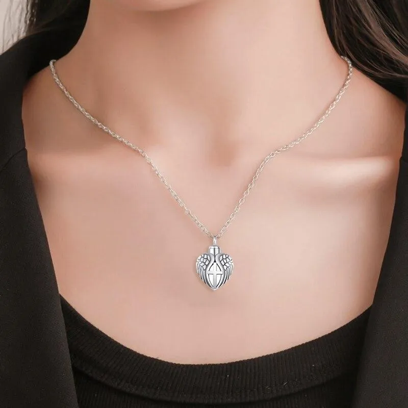 New Urn Of Memories X Mystical Passion Collection! Christian Cross Love Heart Wings Pendant for Cremation Ashes - Urn Keepsake Necklace