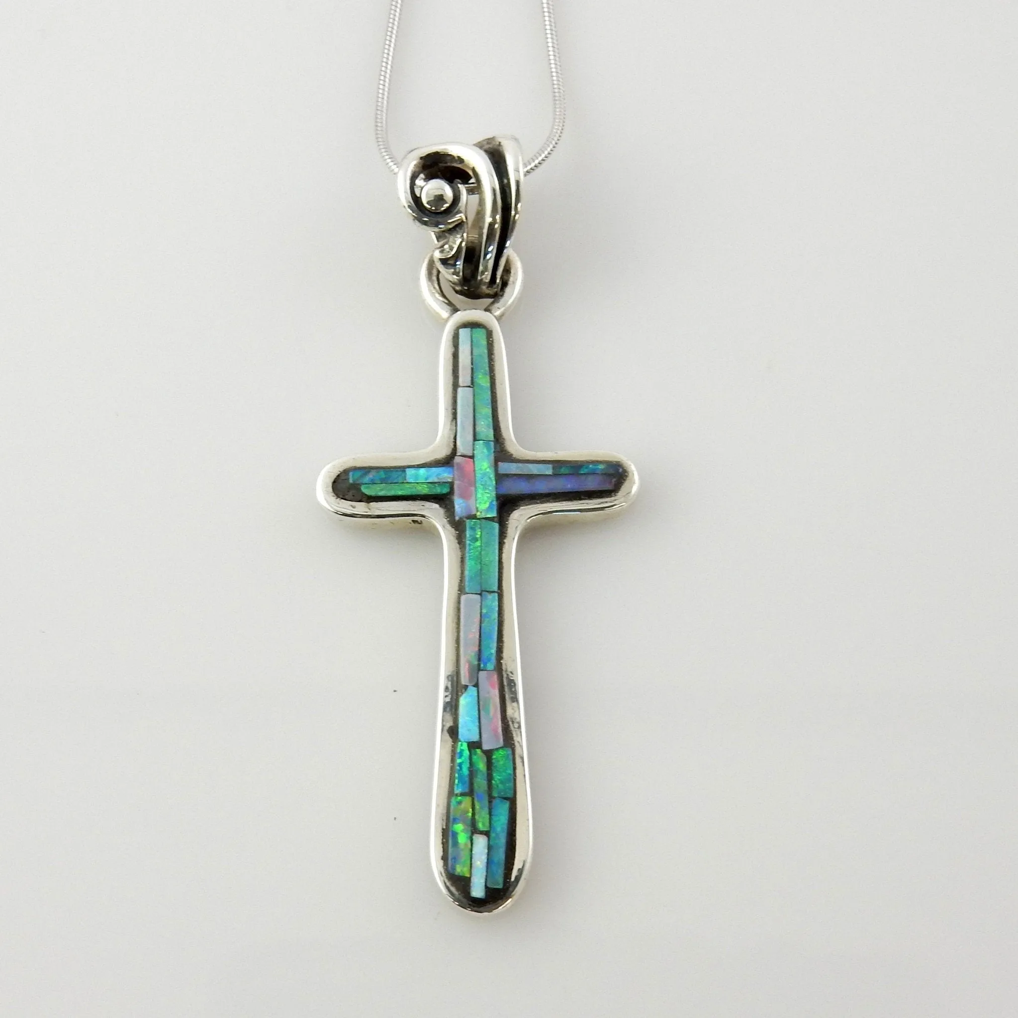One of a Kind Sterling Natural Opal Mosaic Cross Pendant