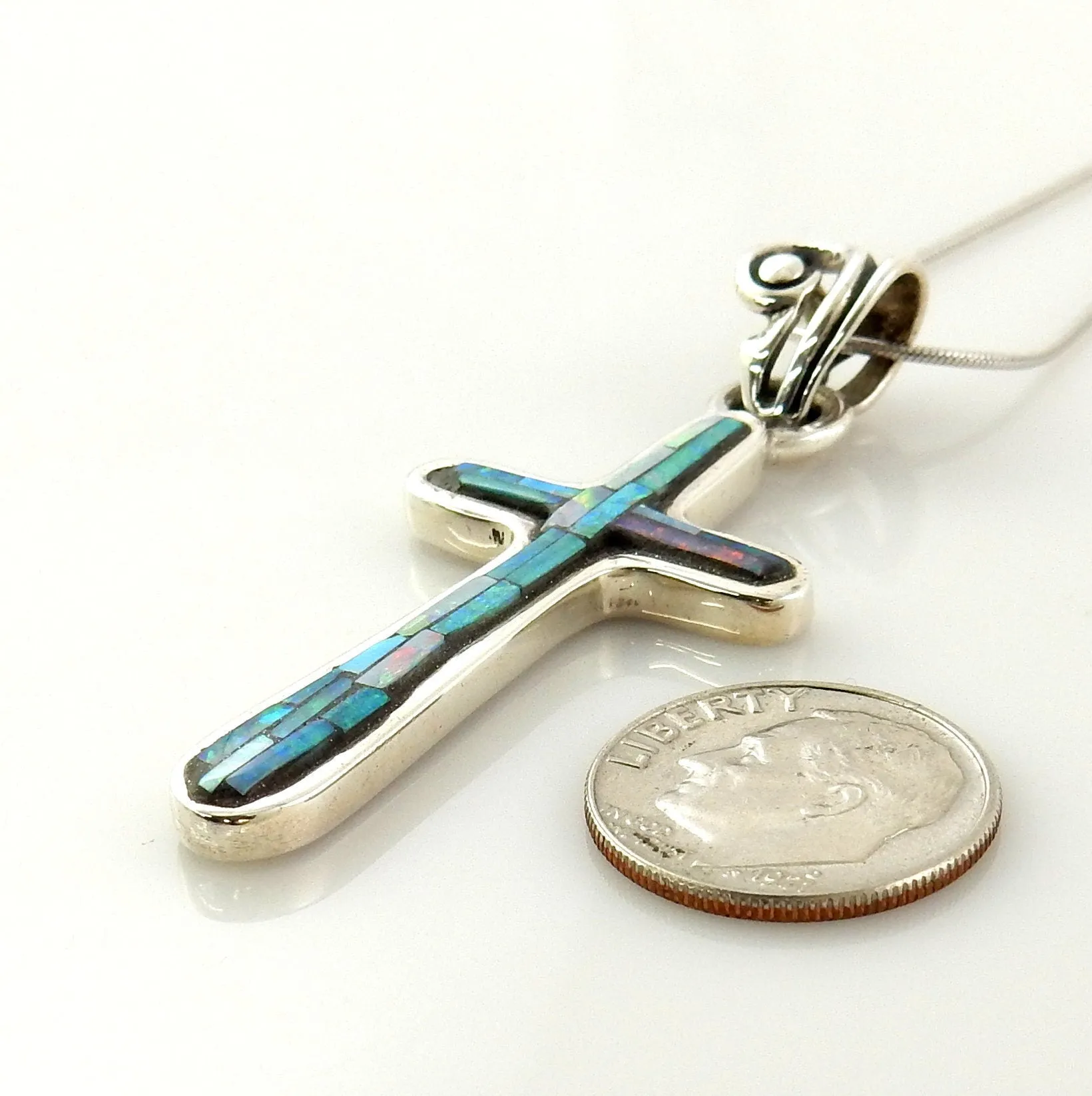 One of a Kind Sterling Natural Opal Mosaic Cross Pendant