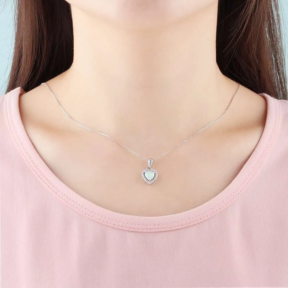 Opal Stone Heart Pendant Silver Necklace