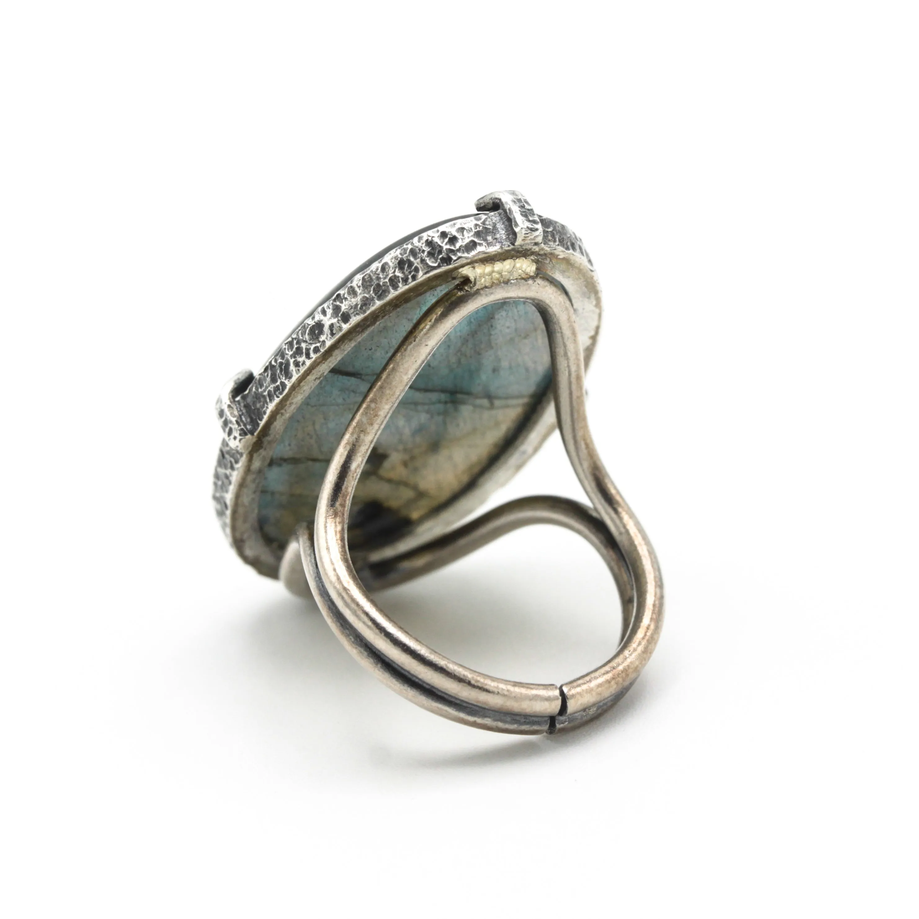 Oval natural Labradorite ring in silver bezel and prongs setting with sterling silver oxidized band