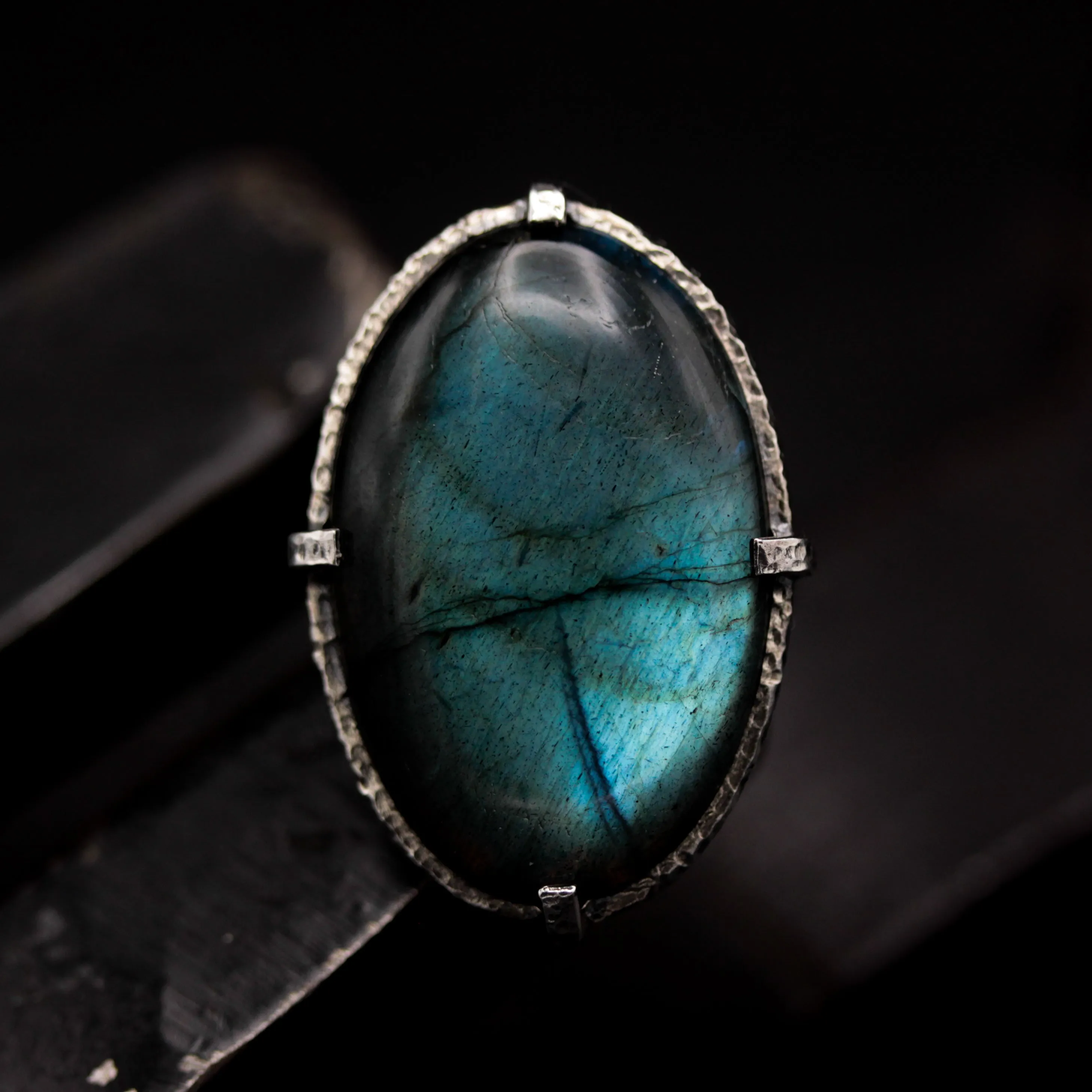 Oval natural Labradorite ring in silver bezel and prongs setting with sterling silver oxidized band