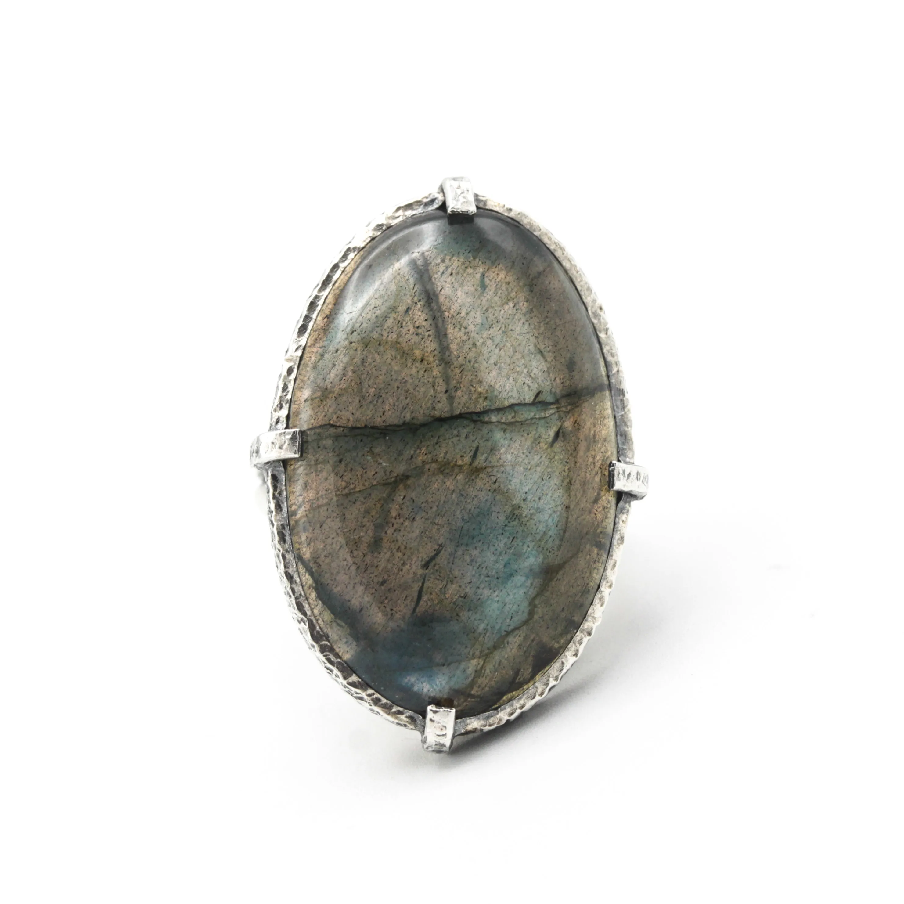 Oval natural Labradorite ring in silver bezel and prongs setting with sterling silver oxidized band