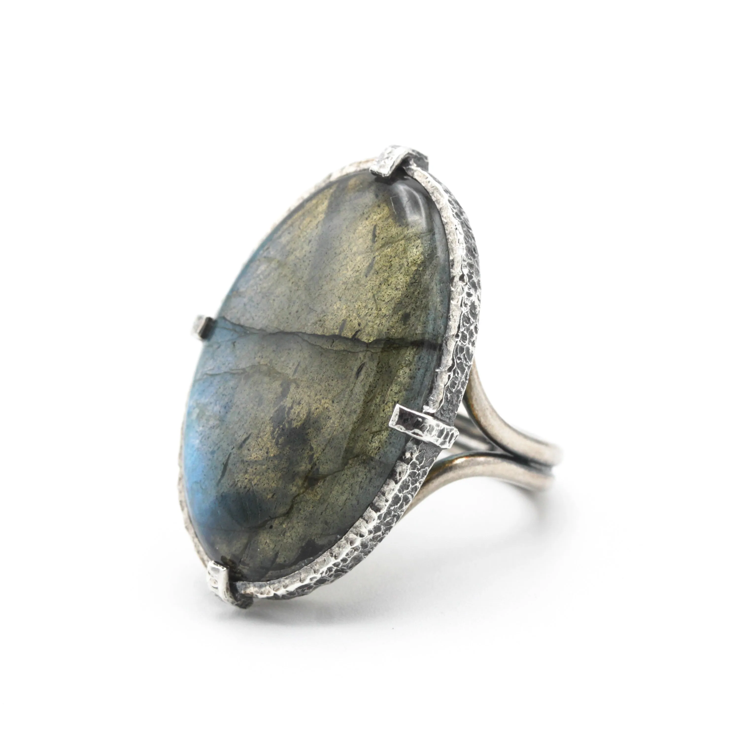 Oval natural Labradorite ring in silver bezel and prongs setting with sterling silver oxidized band