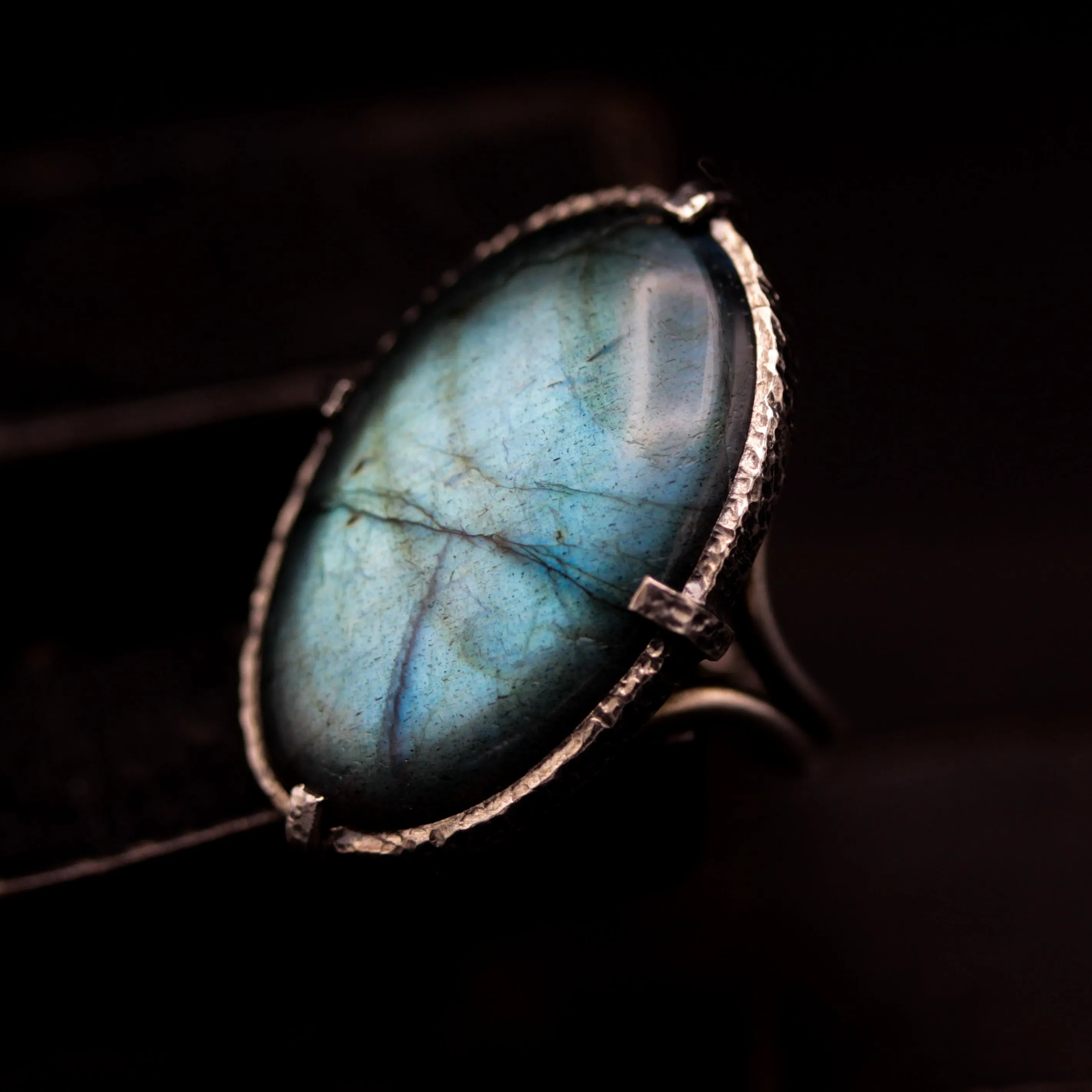 Oval natural Labradorite ring in silver bezel and prongs setting with sterling silver oxidized band