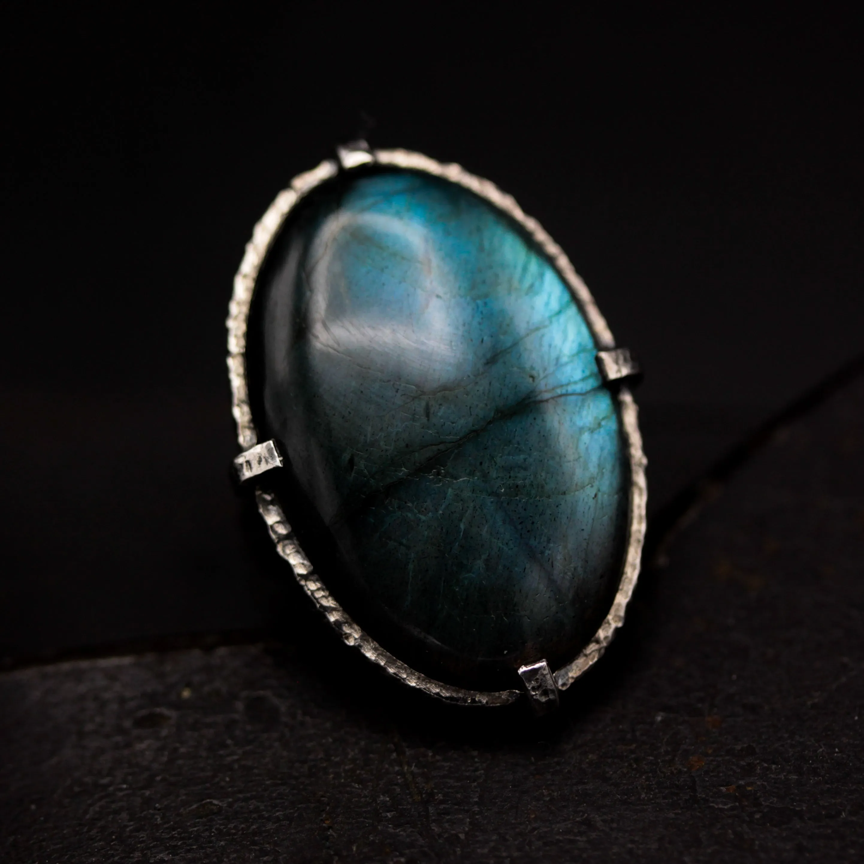 Oval natural Labradorite ring in silver bezel and prongs setting with sterling silver oxidized band