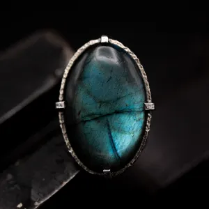 Oval natural Labradorite ring in silver bezel and prongs setting with sterling silver oxidized band