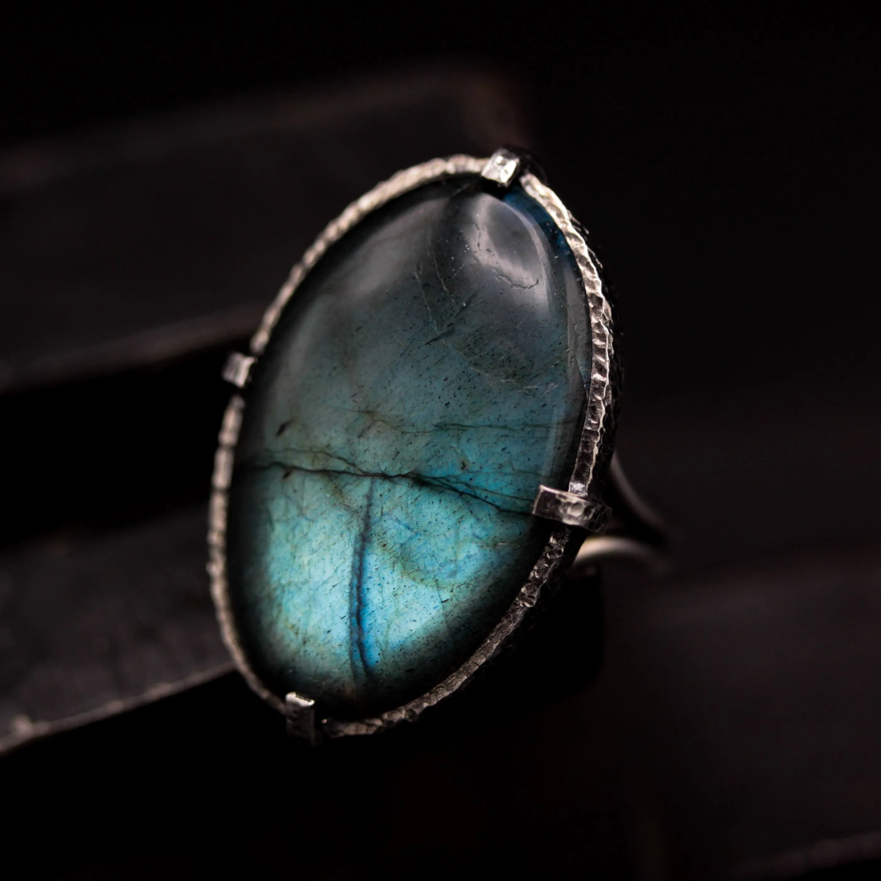 Oval natural Labradorite ring in silver bezel and prongs setting with sterling silver oxidized band
