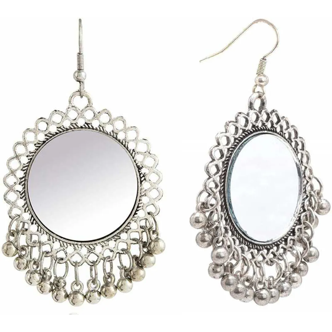 Oxidized Silver Mirror Tribal Jhumki