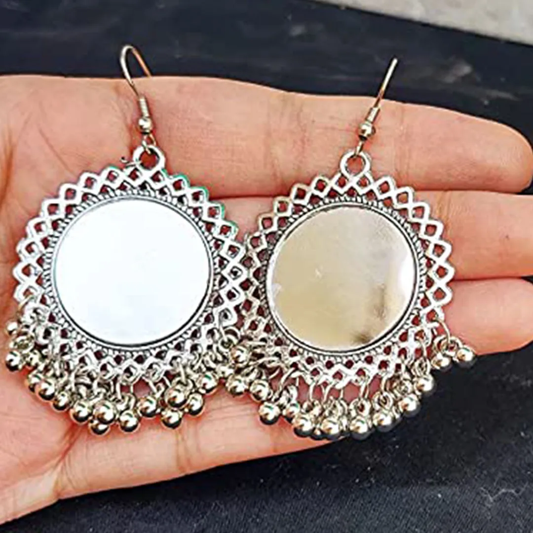 Oxidized Silver Mirror Tribal Jhumki