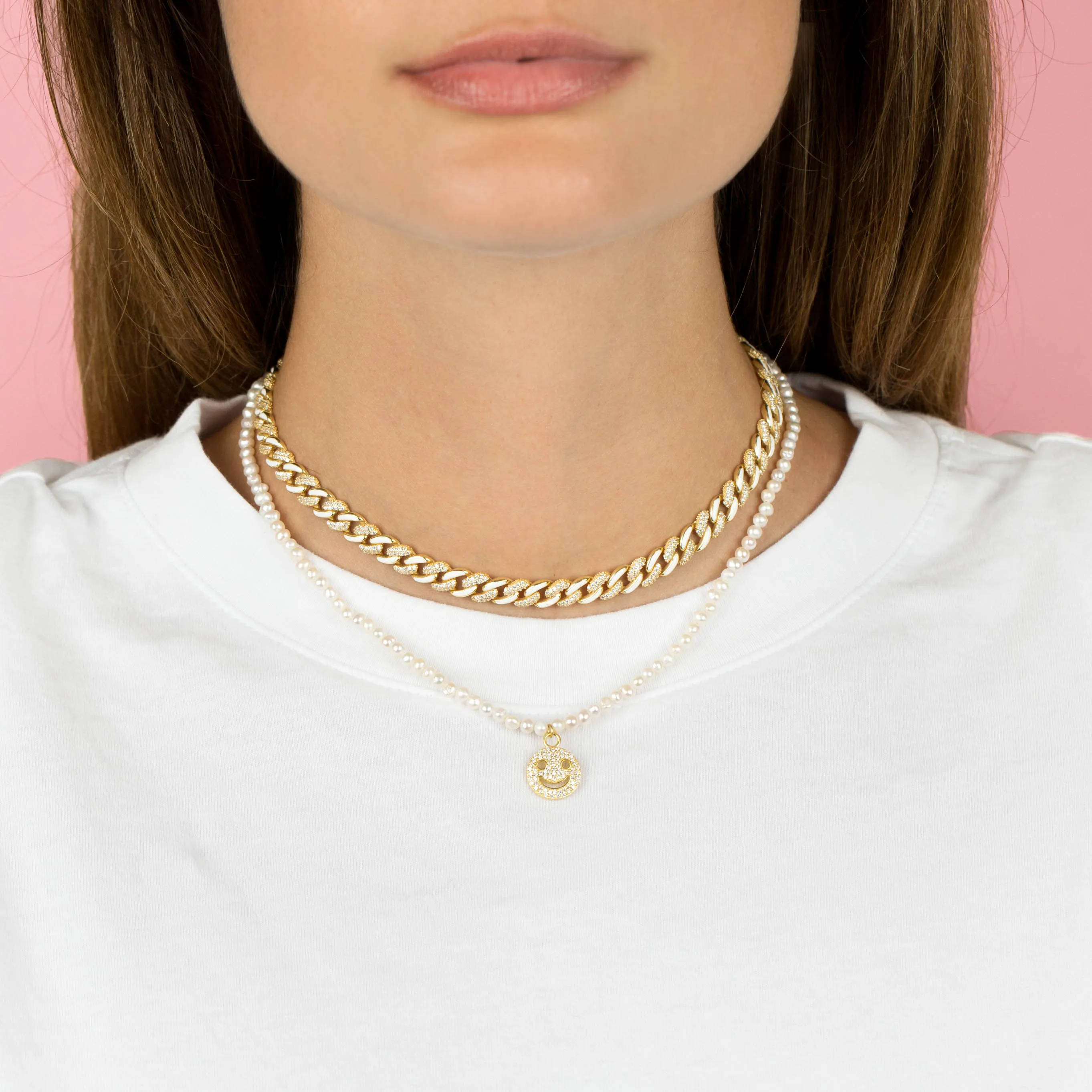 Pavé Smiley Face Pearl Necklace