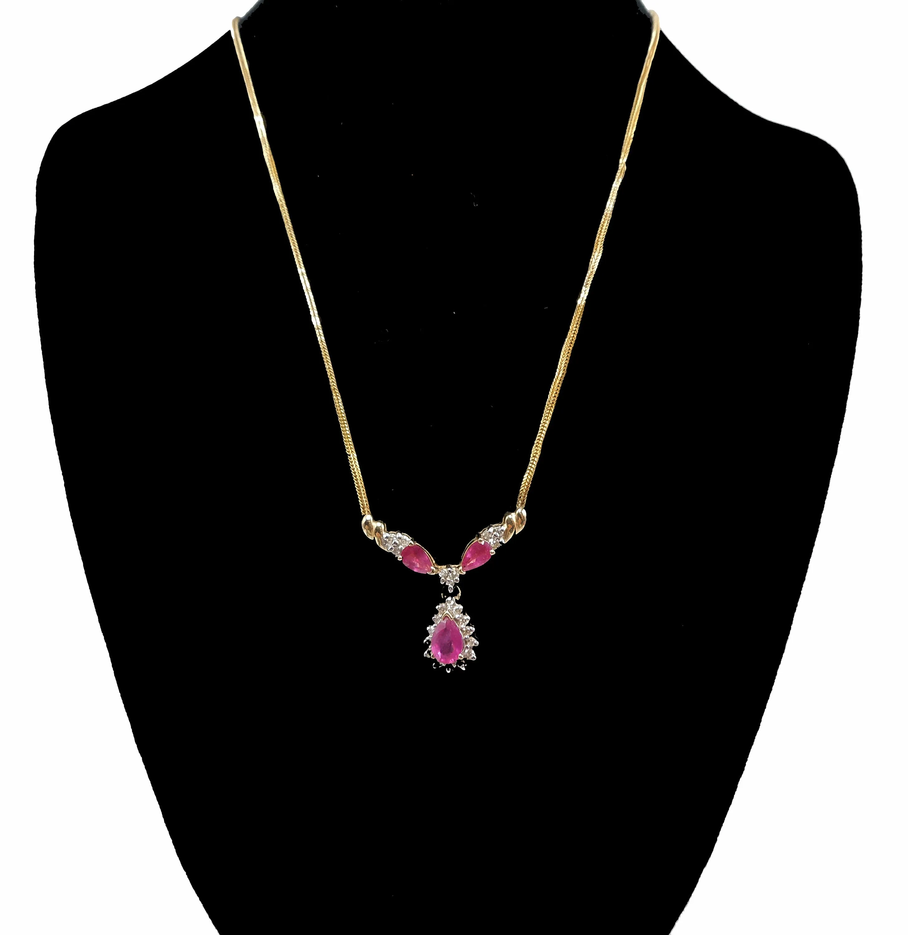 Pear Shaped Ruby and Diamond Necklace on 16" 14K Yellow Gold Chain
