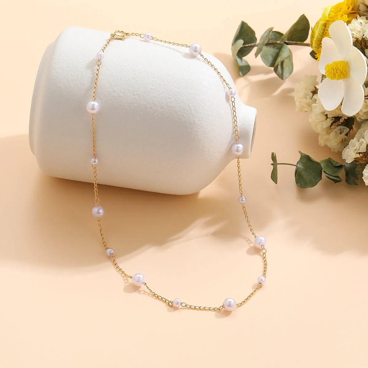 Pearl & 18K Gold-Plated Beads Chain Station Necklace
