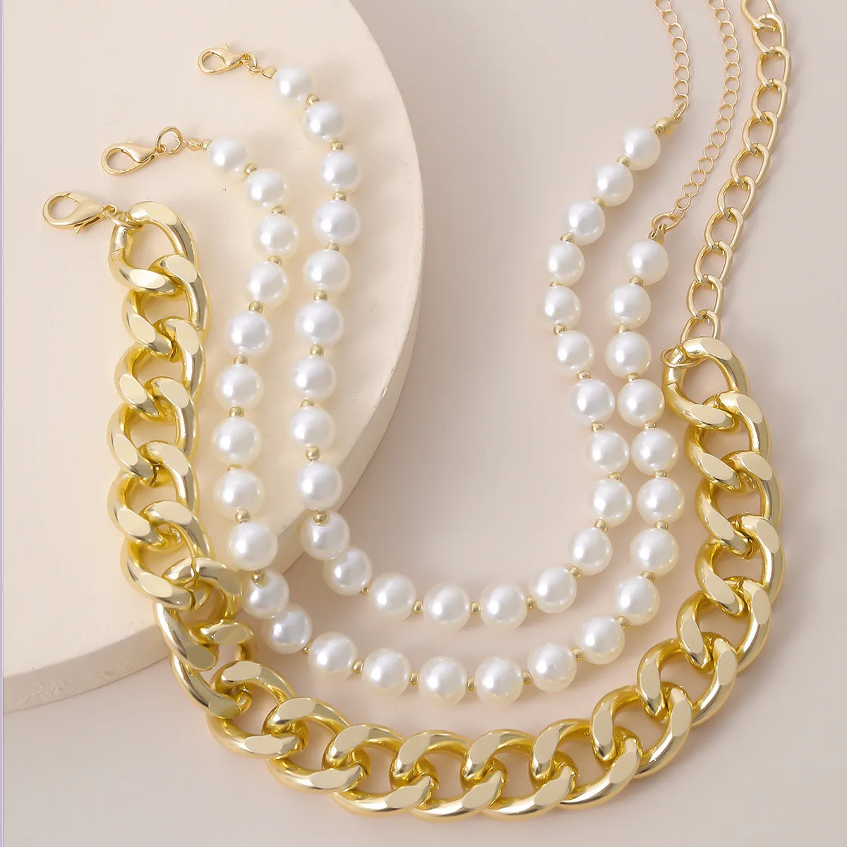 Pearl & 18K Gold-Plated Curb Chain Three-Piece Choker Necklace Set