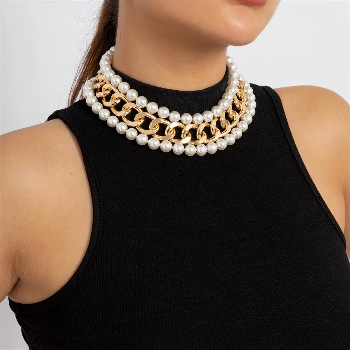 Pearl & 18K Gold-Plated Curb Chain Three-Piece Choker Necklace Set