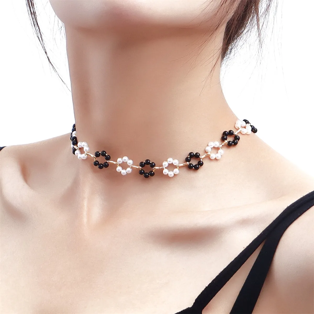 Pearl & Black Resin 18K Gold-Plated Flower Station Necklace